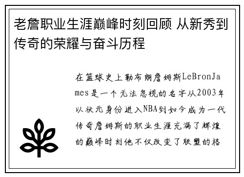 老詹职业生涯巅峰时刻回顾 从新秀到传奇的荣耀与奋斗历程