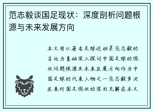 范志毅谈国足现状：深度剖析问题根源与未来发展方向