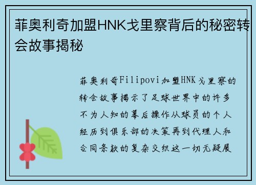 菲奥利奇加盟HNK戈里察背后的秘密转会故事揭秘